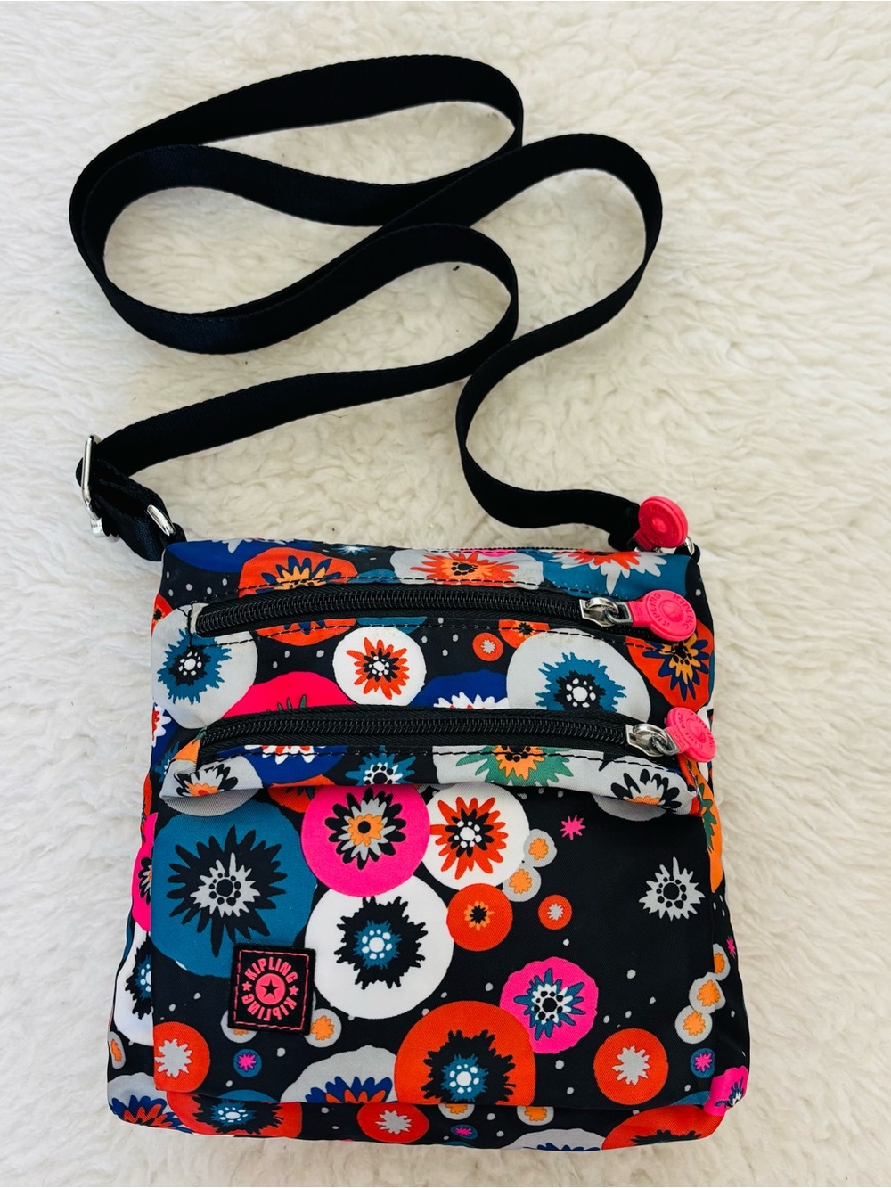 Kipling Floral Dot Crossbody Bag in Black, Orange, Pink & Blue size 7”x7”x2” - Picture 14 of 16